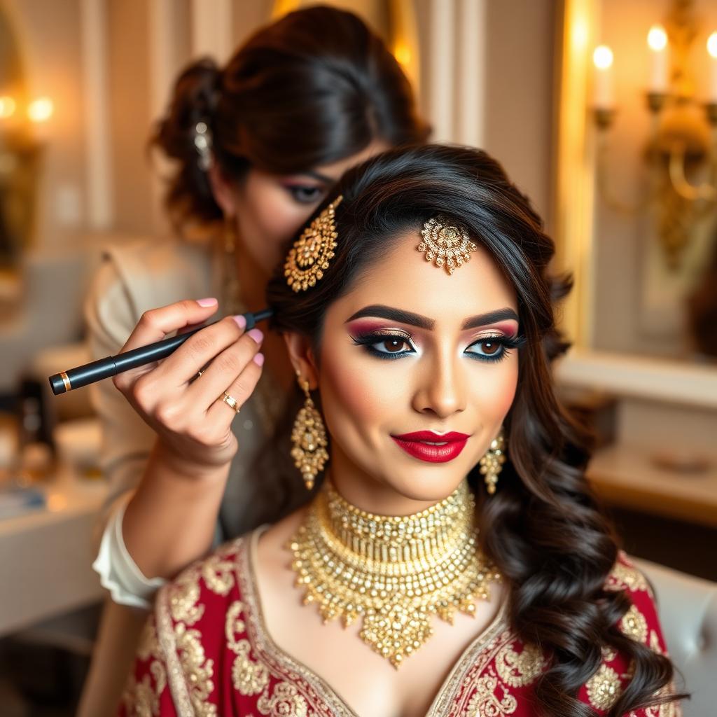 Bridal makeup being applied in an elegant salon