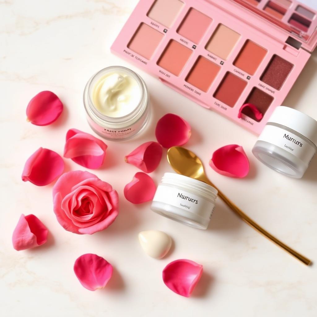 Skincare products with rose petals for facial treatments