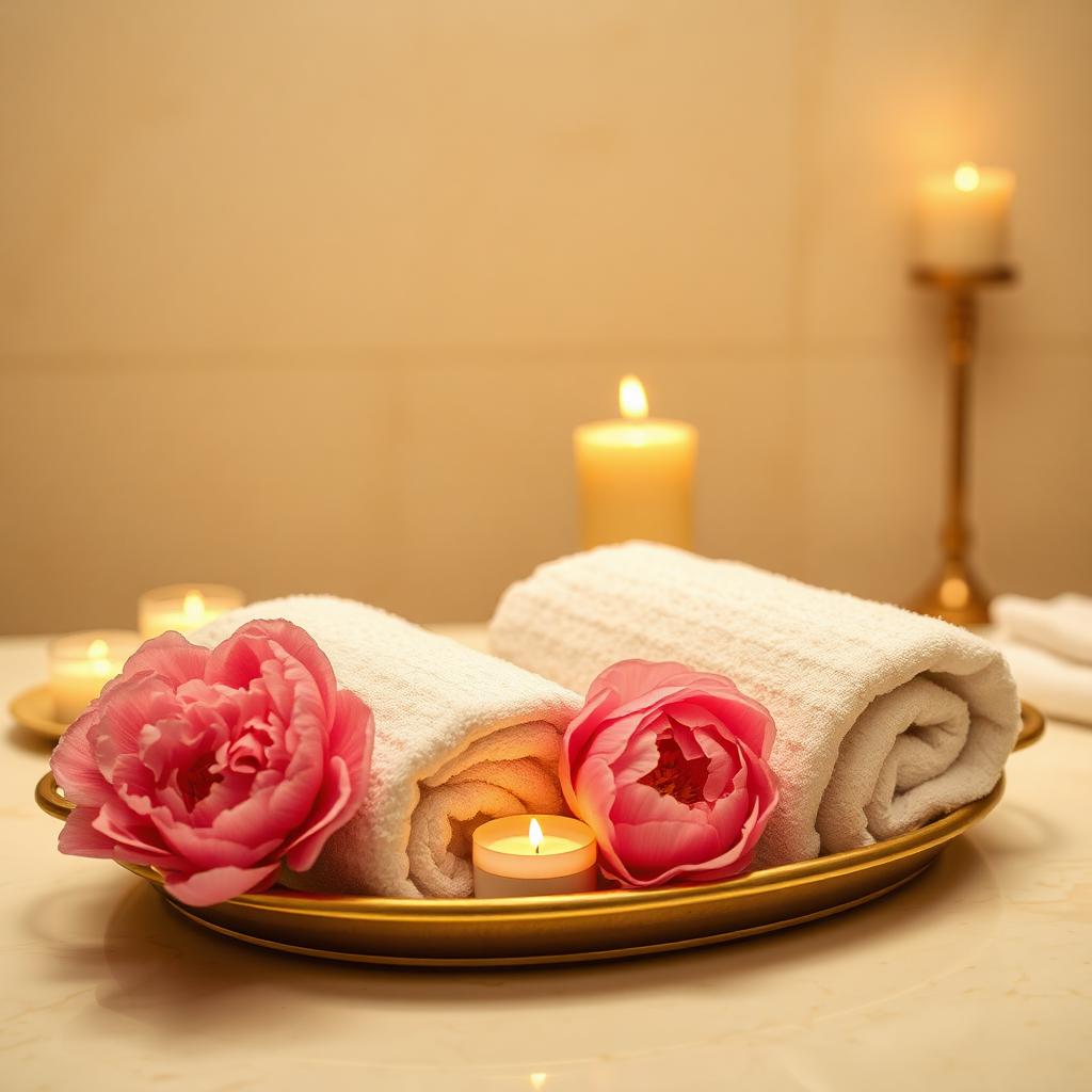 Spa towels, candles and flowers arranged on a gold tray