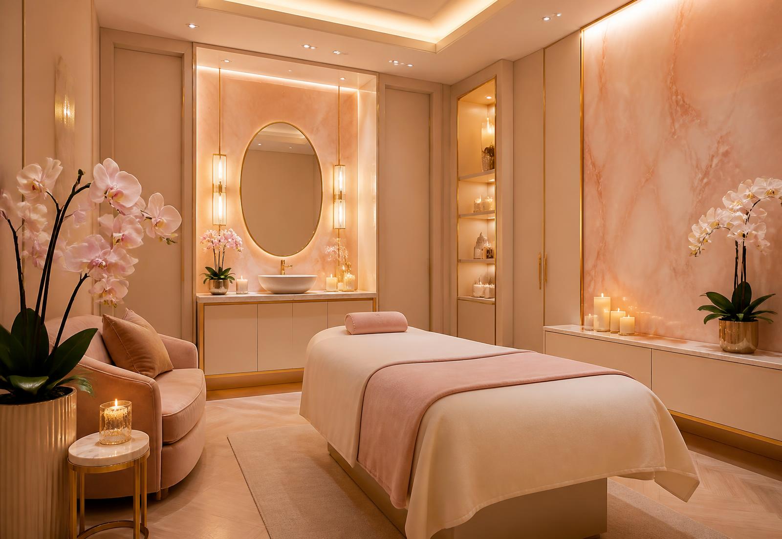 Warmly lit beauty and spa treatment room with pink and gold finishes